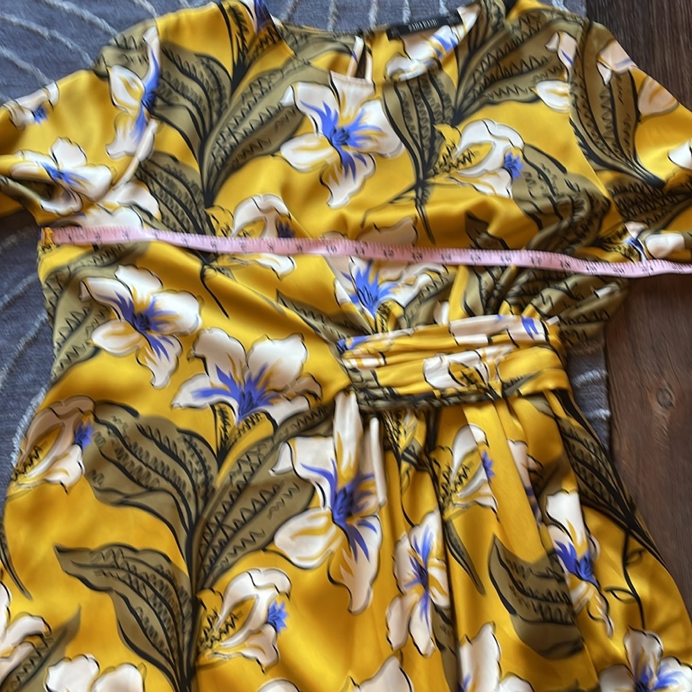 NWT Zara Floral Print Gathered Dress‎ in Yellow Midi Long Sleeves Size Large - Picture 7 of 10